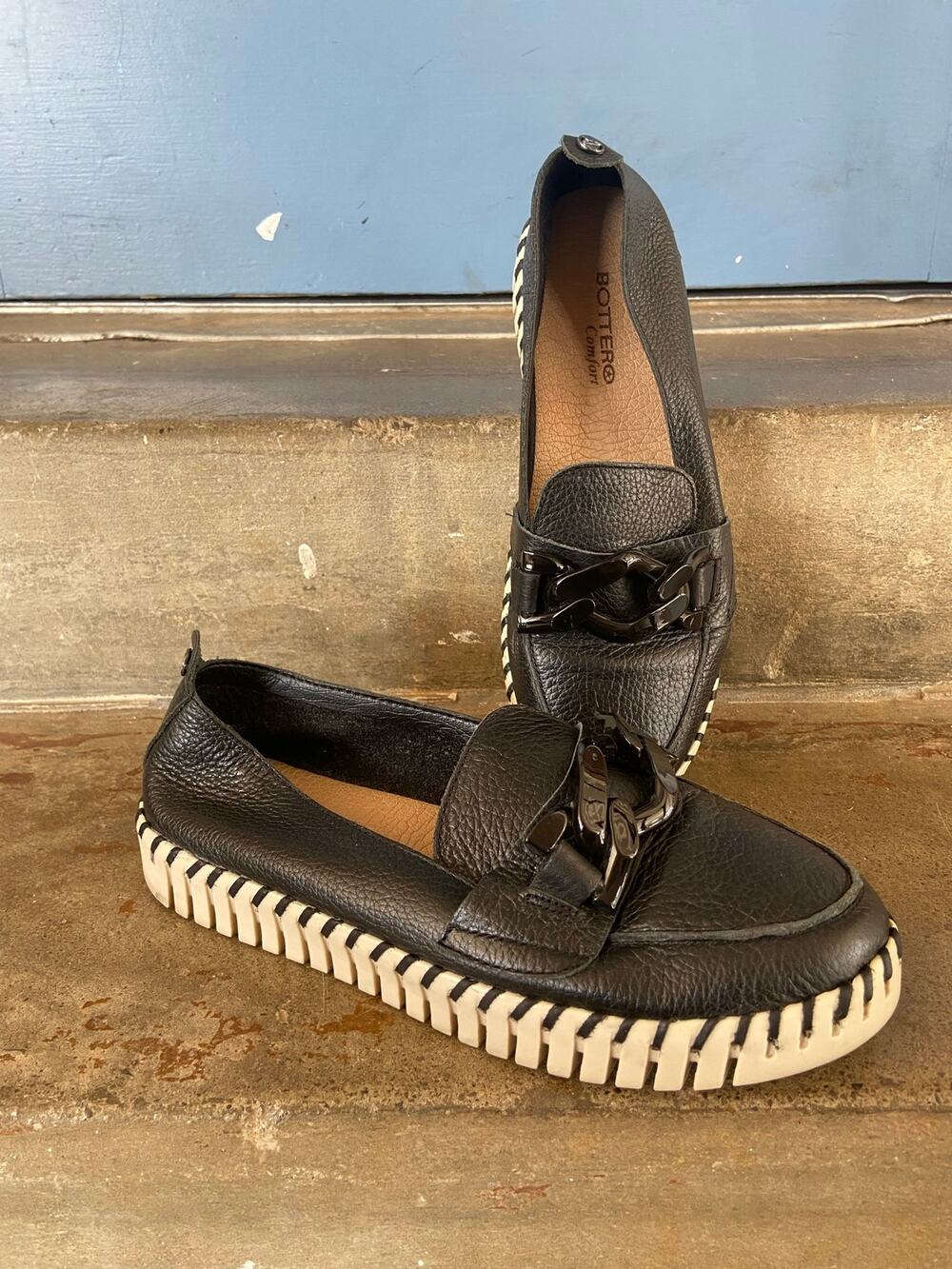 Bottero black leather slip on loafer with chain link detail and white lug sole